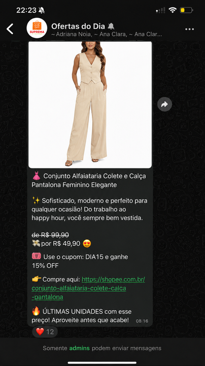 Exemplo de oferta de conjunto de alfaiataria publicada no grupo